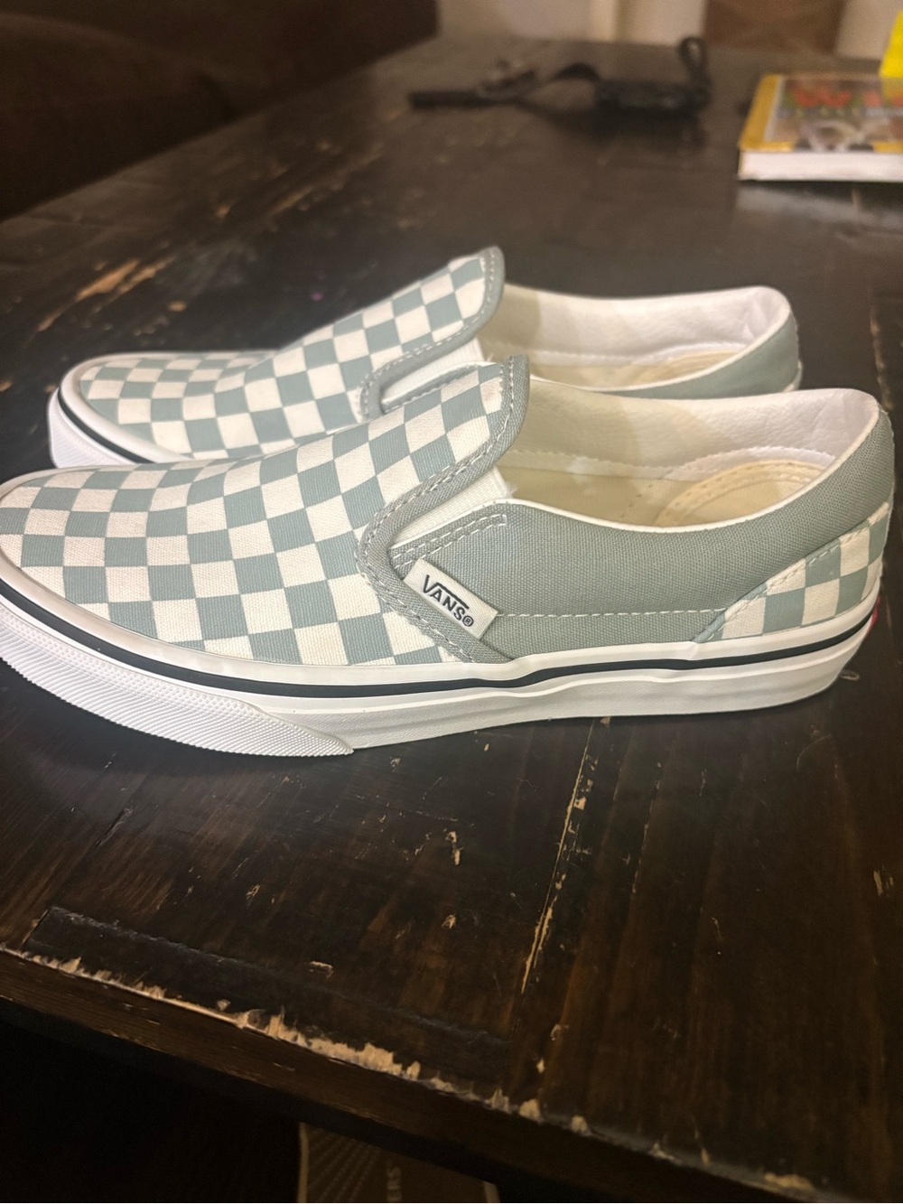 Vans Kids Slip-On Checkerboard Sneakers in mint green/White